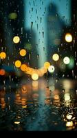 Nocturnal cityscape through rain speckled glass, background softened by blur Vertical Mobile Wallpaper AI Generated photo