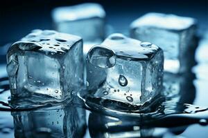 brillante hielo cubitos adornado con espumoso agua gotas, un refrescante visión ai generado foto