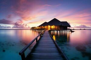 Maldives seascape at sunset, a paradise vacation for the luxury minded AI Generated photo