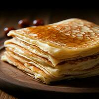 A wooden background showcases thin pancakes in enticing close up For Social Media Post Size AI Generated photo