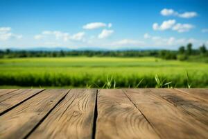 Natures beauty Wooden floor, green rice fields, and clear blue sky AI Generated photo