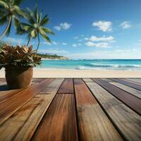 frente a la playa presentación madera cubierta en contra difuminar playa, ideal para exhibiendo tu productos para social medios de comunicación enviar Talla ai generado foto