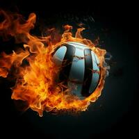 A volleyball engulfed in flames stands out against a black background For Social Media Post Size AI Generated photo