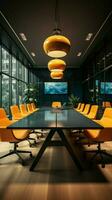 Stylish boardroom black table, swivel chairs, flat screen TV, mustard curtains Vertical Mobile Wallpaper AI Generated photo