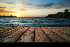 Sunsets warmth Blurry sea sunset complements an empty wooden table AI Generated photo