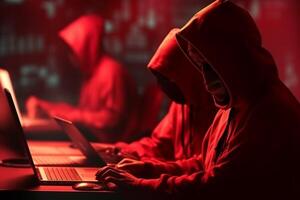 Group of hooded teenagers using computers in dark red room with binary code photo