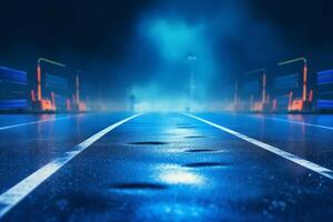 Night scene with neon lights, street and road. 3d rendering photo