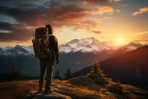 Hiker on the top of the mountain looking at the beautiful landscape sunset Ai Generated photo