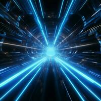 futurista 3d representación azul neón deformación saltar vigas en espacio túnel para social medios de comunicación enviar Talla ai generado foto