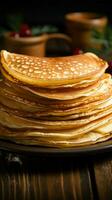 Delicious thin pancakes presented in a close up on wooden backdrop Vertical Mobile Wallpaper AI Generated photo