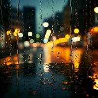 noche ciudades luces difuso mediante vaso, gotas de lluvia creando un soñador fondo para social medios de comunicación enviar Talla ai generado foto