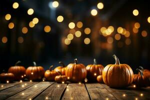 Festive Halloween display Wooden table, pumpkin, and mystical bokeh lights AI Generated photo