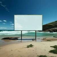 Seashore statement Unfilled billboard contrasting with sea expanse on sandy beach For Social Media Post Size AI Generated photo