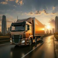 Sunrise cargo journey 3D rendered delivery truck in rear view, cityscape, portrays efficient logistics For Social Media Post Size AI Generated photo