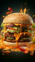 A taste adventure as your burger takes off with imaginative elements Vertical Mobile Wallpaper AI Generated photo