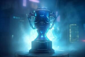 Trophy cup on a dark background with smoke. 3d rendering photo