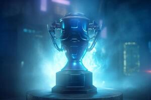 Trophy cup on a dark background with smoke. 3d rendering Ai Generated photo