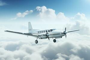 Commercial airplane flying in the cloudy sky. 3D Rendering. Ai Generated photo