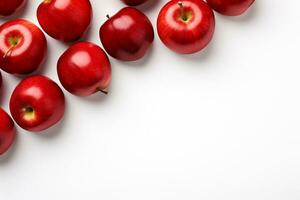 Fresh red apples on white background, top view. Space for text Ai Generated photo