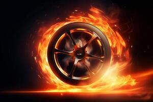 Car wheel on fire background. 3d rendering toned image double exposure photo