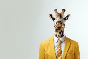 Close up of businessman with giraffe head in suit. Mixed media Ai Generated photo