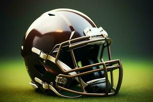 American football helmet stands out on the field background AI Generated photo