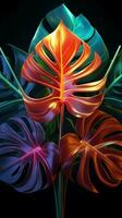 Glowing neon and lush monstera leaf merge in vivid 3D Vertical Mobile Wallpaper AI Generated photo