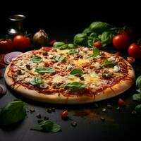 sabroso vegetariano Pizza soportes fuera en un dramático oscuro antecedentes para social medios de comunicación enviar Talla ai generado foto