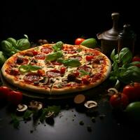 A dark canvas highlights the savory allure of a vegetarian pizza For Social Media Post Size AI Generated photo