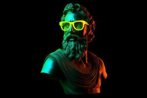 Ancient male bust with neon glasses. Generate ai photo
