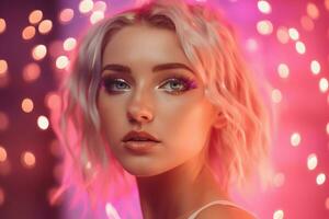 Blonde pretty girl with pink glitter makeup. Generate ai photo