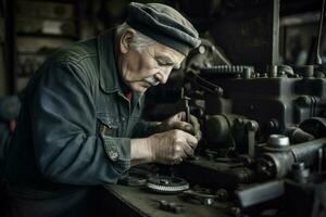 Elderly man mechanic repairing equipment. Generate ai photo