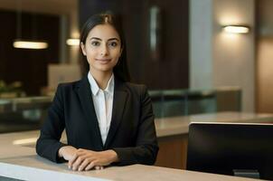 Receptionist woman at desk lobby. Generate ai photo