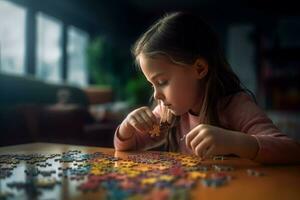 Girl playing puzzles. Generate Ai photo