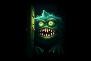 Night scary green monster open the door. Generate ai photo