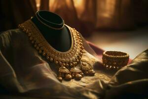 Indian golden jewels necklace. Generate Ai photo