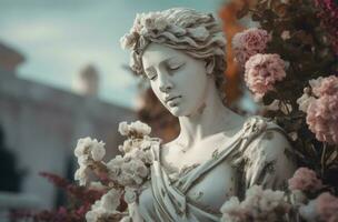 Antique woman statue among blossoming flowers. Generate ai photo