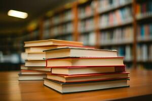 ordenado apilar de libros en mesa, biblioteca estante para libros borroso detrás ai generado foto