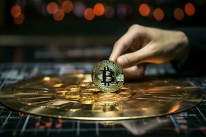 Crypto investment Hand holds a Bitcoin coin on a chart backdrop AI Generated photo