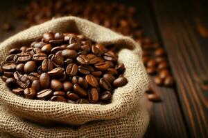 Coffee beans in burlap bag resting on rustic wooden background AI Generated photo