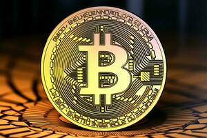 Golden round Bitcoin cryptocurrency coin displayed against a textured backdrop AI Generated photo