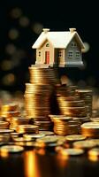 House on coin pile 3D symbolizes prosperity and real estate investment Vertical Mobile Wallpaper AI Generated photo