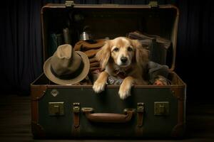 Domestic Dog sit at open suitcase. Vacation travel photo