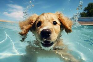 Sunny Dog swimming pool vacation. Generate Ai photo