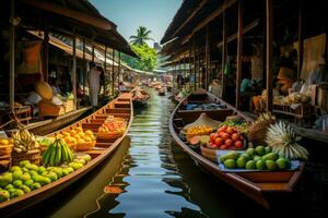 Aromatic Floating food market river. Generate Ai photo