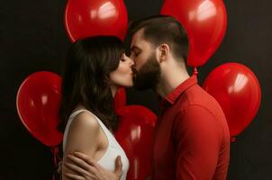 Couple kissing heart shaped balloons romantic day. Generate Ai photo