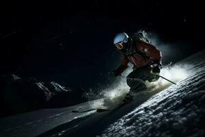 medianoche esquiar en montañas escarcha hombre. generar ai foto