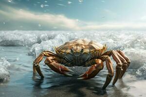 Big crab baby walking on sea waves. Generate AI photo