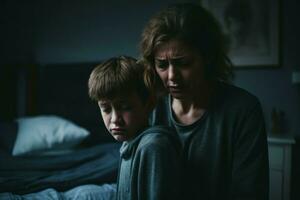 Cute sad mother consoling her upset son in bedroom. Generate Ai photo