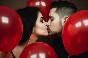 Couple kissing heart shaped balloons at celebration. Generate Ai photo